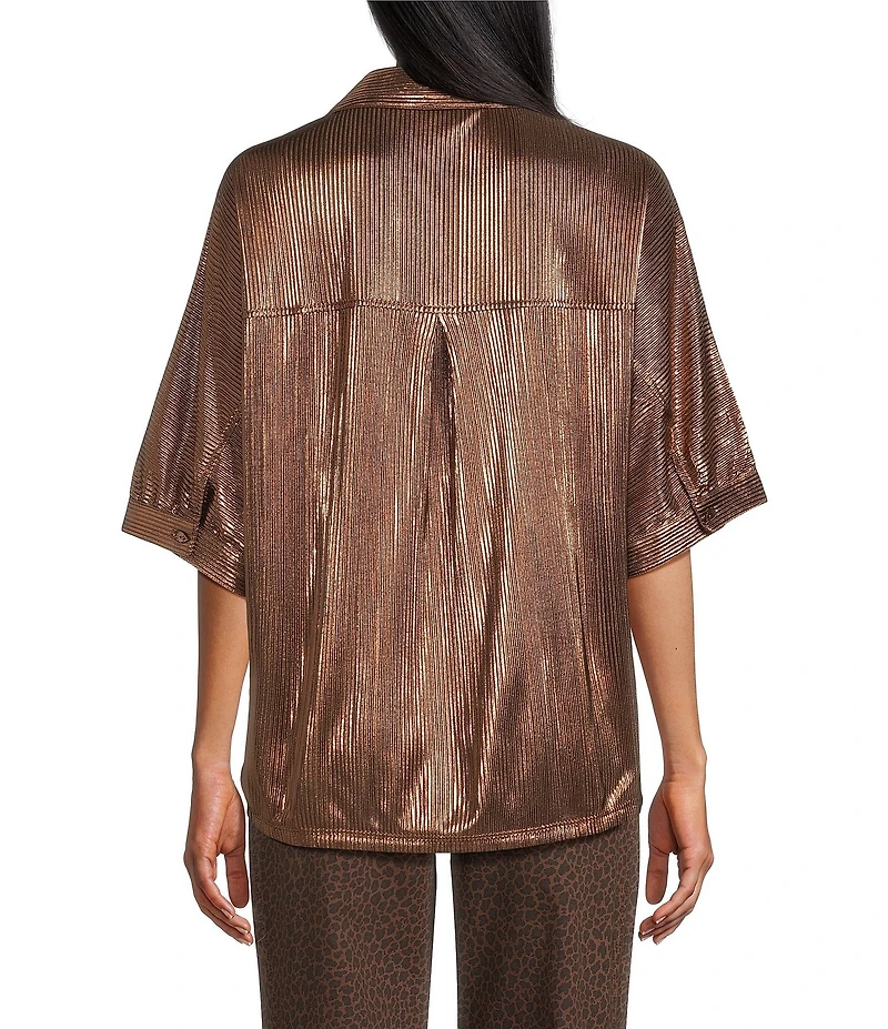 John Mark Woven Point Collar Short Dolman Sleeve Shimmer Pleat Button Front Blouse