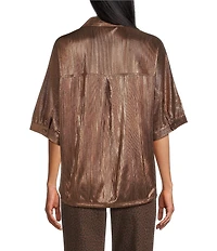John Mark Woven Point Collar Short Dolman Sleeve Shimmer Pleat Button Front Blouse