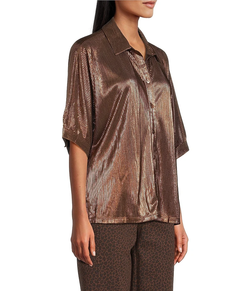 John Mark Woven Point Collar Short Dolman Sleeve Shimmer Pleat Button Front Blouse