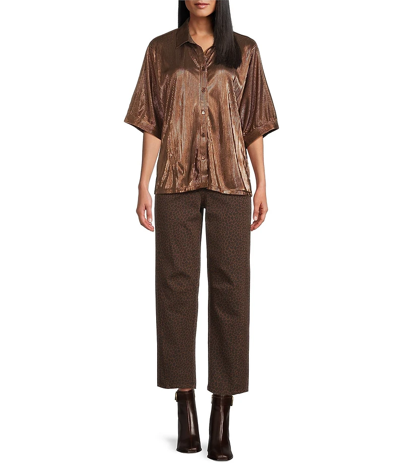 John Mark Woven Point Collar Short Dolman Sleeve Shimmer Pleat Button Front Blouse