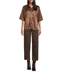 John Mark Woven Point Collar Short Dolman Sleeve Shimmer Pleat Button Front Blouse