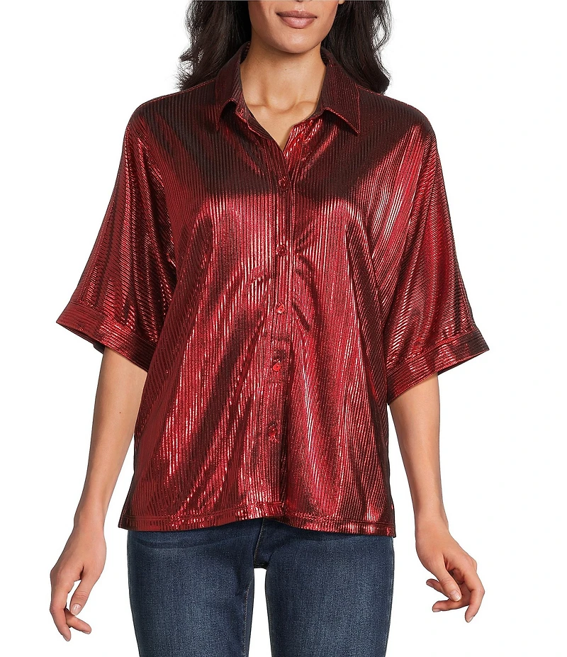 John Mark Woven Point Collar Short Dolman Sleeve Shimmer Pleat Button Front Blouse