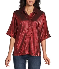 John Mark Woven Point Collar Short Dolman Sleeve Shimmer Pleat Button Front Blouse