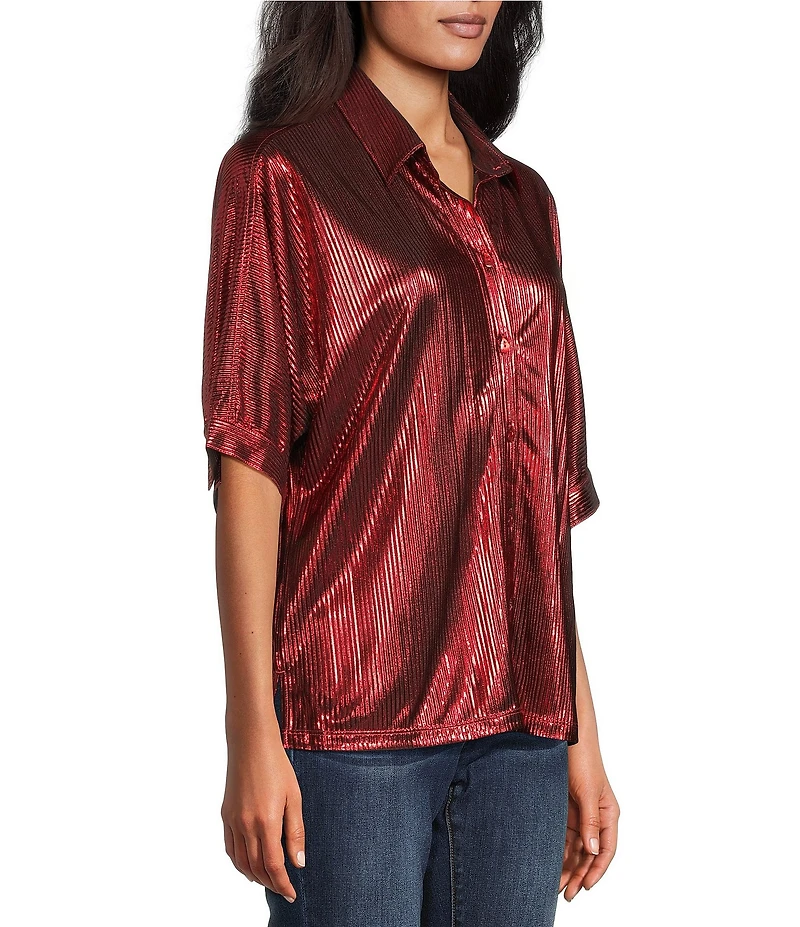 John Mark Woven Point Collar Short Dolman Sleeve Shimmer Pleat Button Front Blouse