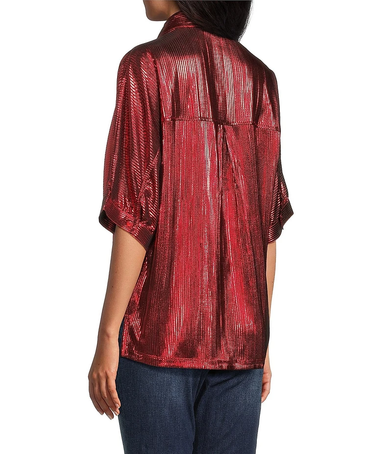 John Mark Woven Point Collar Short Dolman Sleeve Shimmer Pleat Button Front Blouse