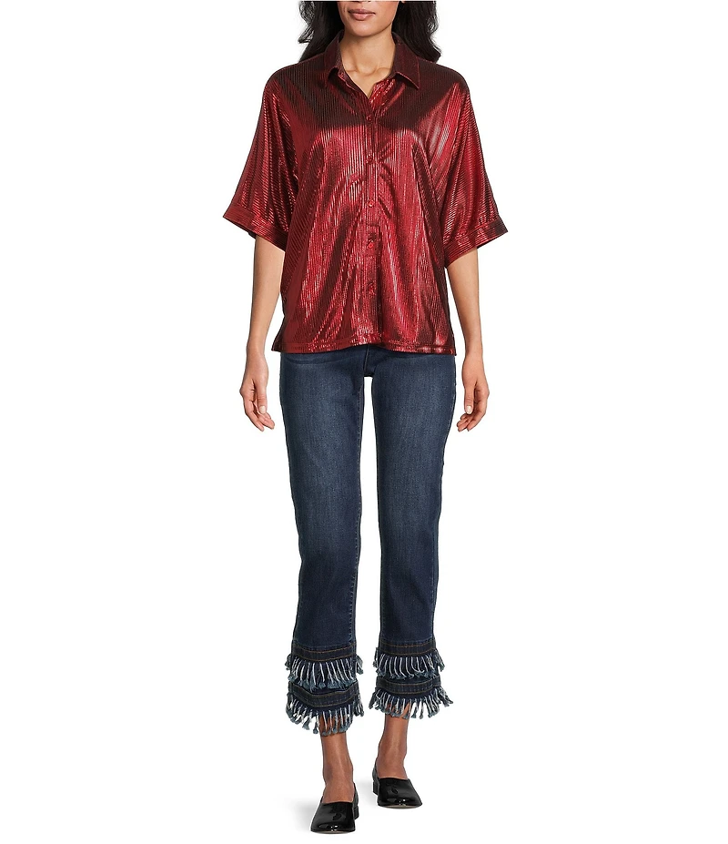 John Mark Woven Point Collar Short Dolman Sleeve Shimmer Pleat Button Front Blouse