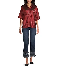 John Mark Woven Point Collar Short Dolman Sleeve Shimmer Pleat Button Front Blouse