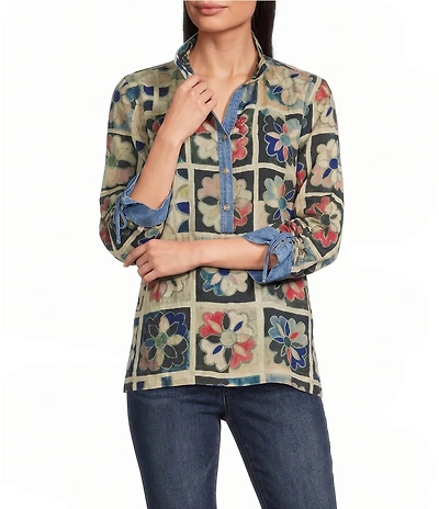 John Mark Woven Quilt Patchwork Mix Print Wire Collar 3/4 Sleeve Top