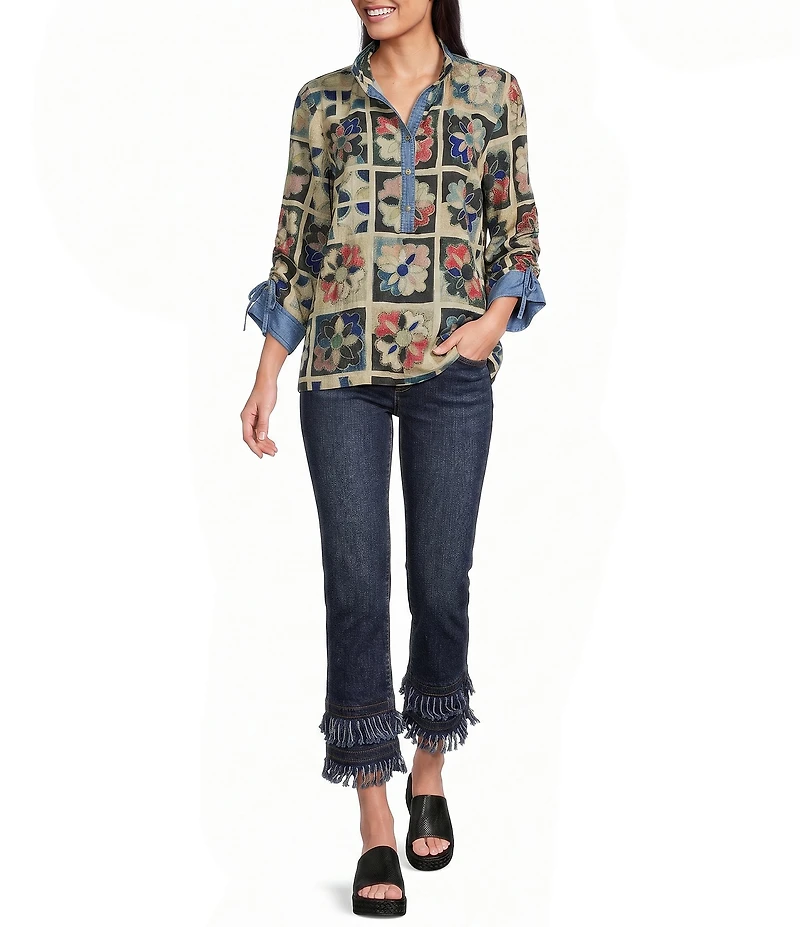 John Mark Woven Quilt Patchwork Mix Print Wire Collar 3/4 Sleeve Top