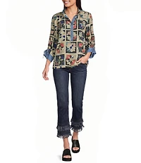 John Mark Woven Quilt Patchwork Mix Print Wire Collar 3/4 Sleeve Top