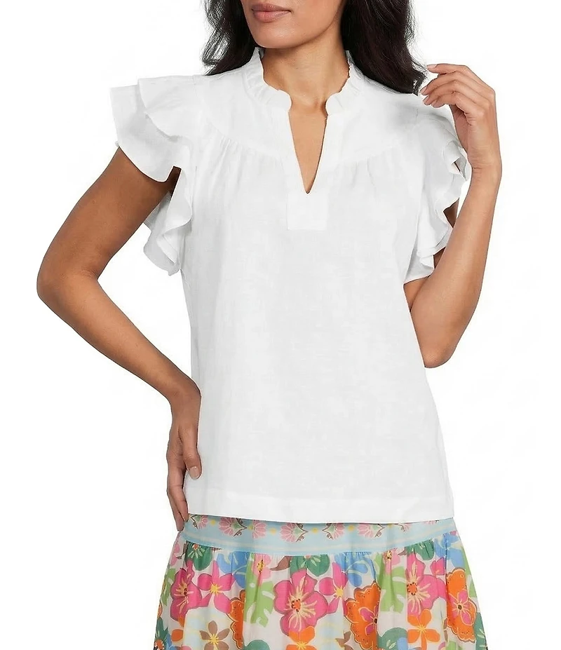 John Mark Woven Ruffle Y-Neck Short Flutter Sleeve Top