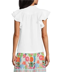 John Mark Woven Ruffle Y-Neck Short Flutter Sleeve Top