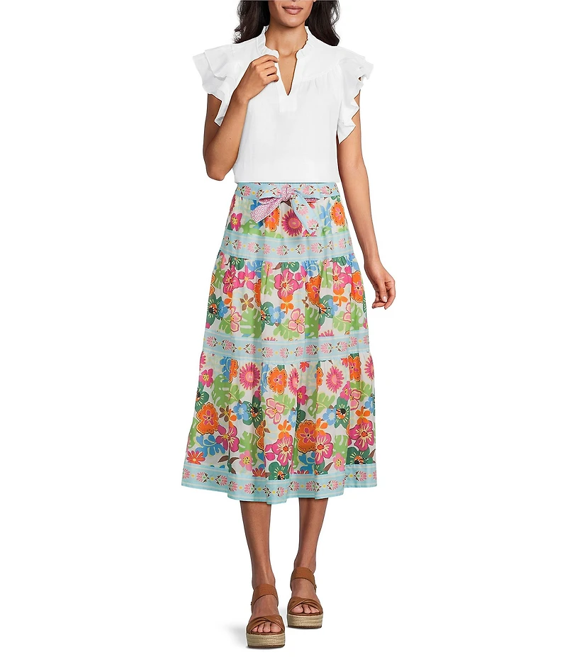 John Mark Woven Ruffle Y-Neck Short Flutter Sleeve Top