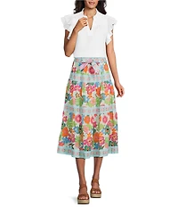 John Mark Woven Ruffle Y-Neck Short Flutter Sleeve Top