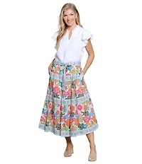 John Mark Woven Ruffle Y-Neck Short Flutter Sleeve Top