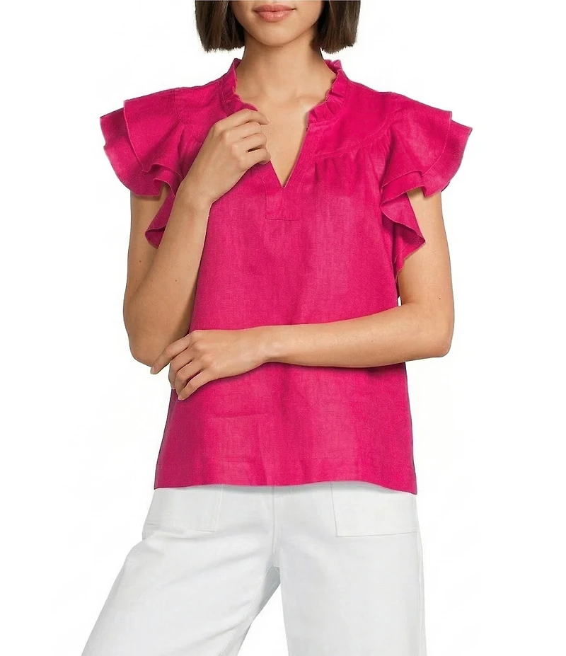 John Mark Woven Ruffle Y-Neck Short Flutter Sleeve Top