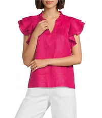 John Mark Woven Ruffle Y-Neck Short Flutter Sleeve Top