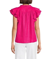 John Mark Woven Ruffle Y-Neck Short Flutter Sleeve Top