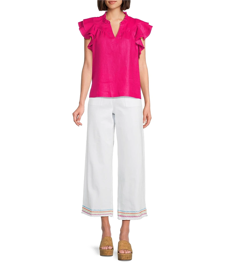 John Mark Woven Ruffle Y-Neck Short Flutter Sleeve Top