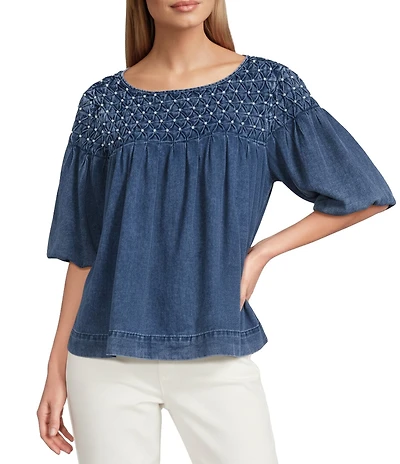 John Mark Woven Smoked Beaded Round Neck Elbow Bubble Sleeve Top