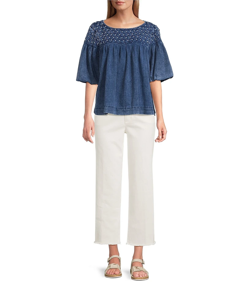 John Mark Woven Smoked Beaded Round Neck Elbow Bubble Sleeve Top