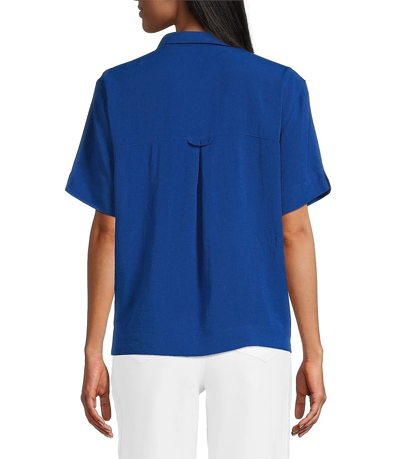John Mark Woven Solid Wire Collar Short Sleeve Button Front Shirt