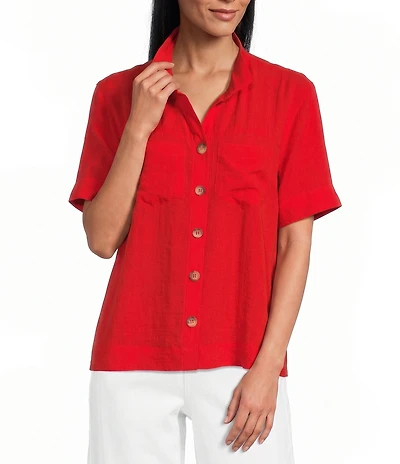 John Mark Woven Solid Wire Collar Short Sleeve Button Front Shirt
