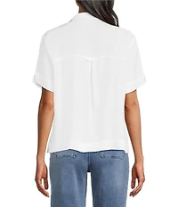 John Mark Woven Solid Wire Collar Short Sleeve Button Front Shirt