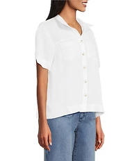 John Mark Woven Solid Wire Collar Short Sleeve Button Front Shirt