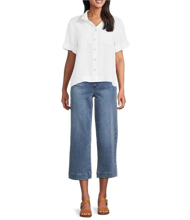 John Mark Woven Solid Wire Collar Short Sleeve Button Front Shirt