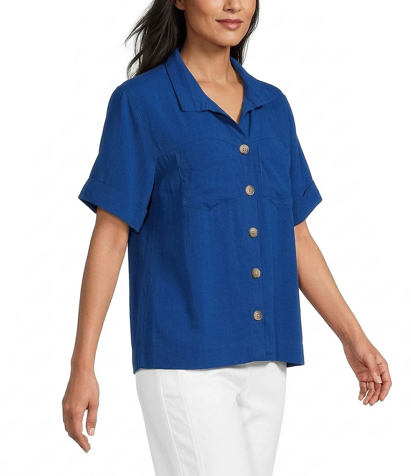 John Mark Woven Solid Wire Collar Short Sleeve Button Front Shirt