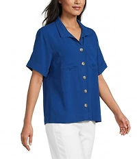 John Mark Woven Solid Wire Collar Short Sleeve Button Front Shirt