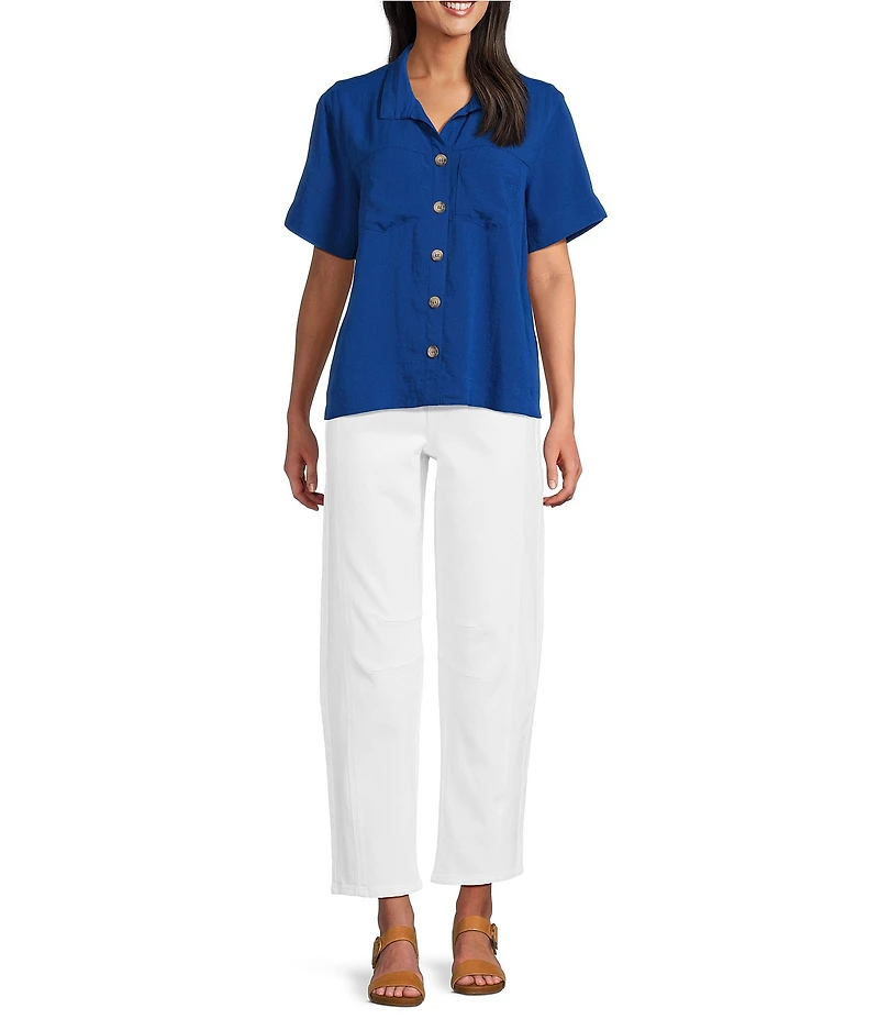 John Mark Woven Solid Wire Collar Short Sleeve Button Front Shirt