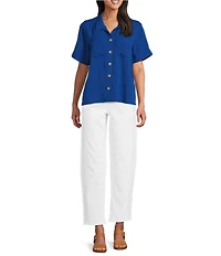 John Mark Woven Solid Wire Collar Short Sleeve Button Front Shirt