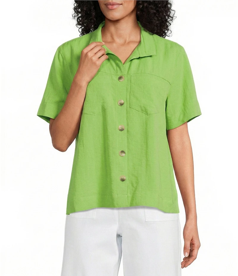 John Mark Woven Solid Wire Collar Short Sleeve Button Front Shirt