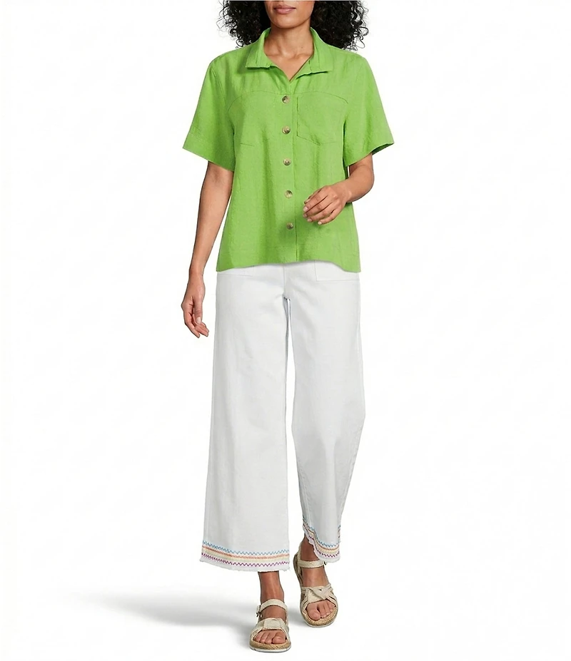 John Mark Woven Solid Wire Collar Short Sleeve Button Front Shirt
