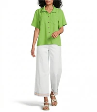 John Mark Woven Solid Wire Collar Short Sleeve Button Front Shirt