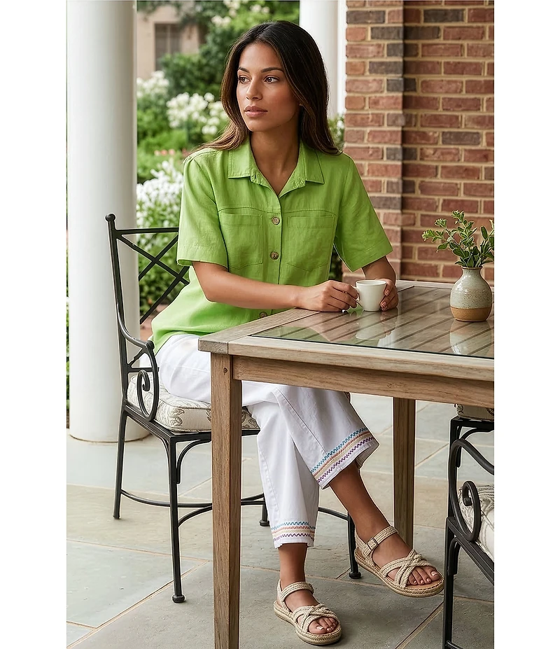 John Mark Woven Solid Wire Collar Short Sleeve Button Front Shirt