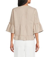 John Mark Woven Split V-Neck 3/4 Ruffle Sleeve Button-Front Blouse