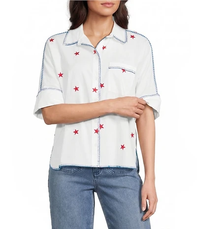 John Mark Woven Star Embroidered Point Collar Short Dolman Sleeve French Cuff Button-Front Shirt