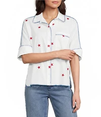John Mark Woven Star Embroidered Point Collar Short Dolman Sleeve French Cuff Button-Front Shirt