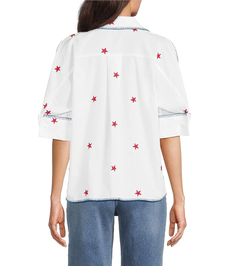 John Mark Woven Star Embroidered Point Collar Short Dolman Sleeve French Cuff Button-Front Shirt