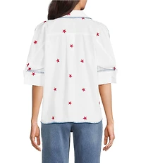 John Mark Woven Star Embroidered Point Collar Short Dolman Sleeve French Cuff Button-Front Shirt