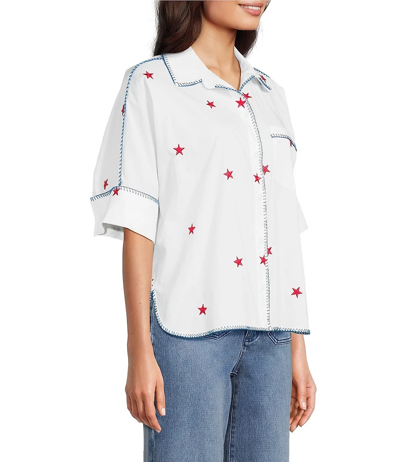 John Mark Woven Star Embroidered Point Collar Short Dolman Sleeve French Cuff Button-Front Shirt