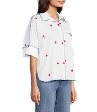 John Mark Woven Star Embroidered Point Collar Short Dolman Sleeve French Cuff Button-Front Shirt