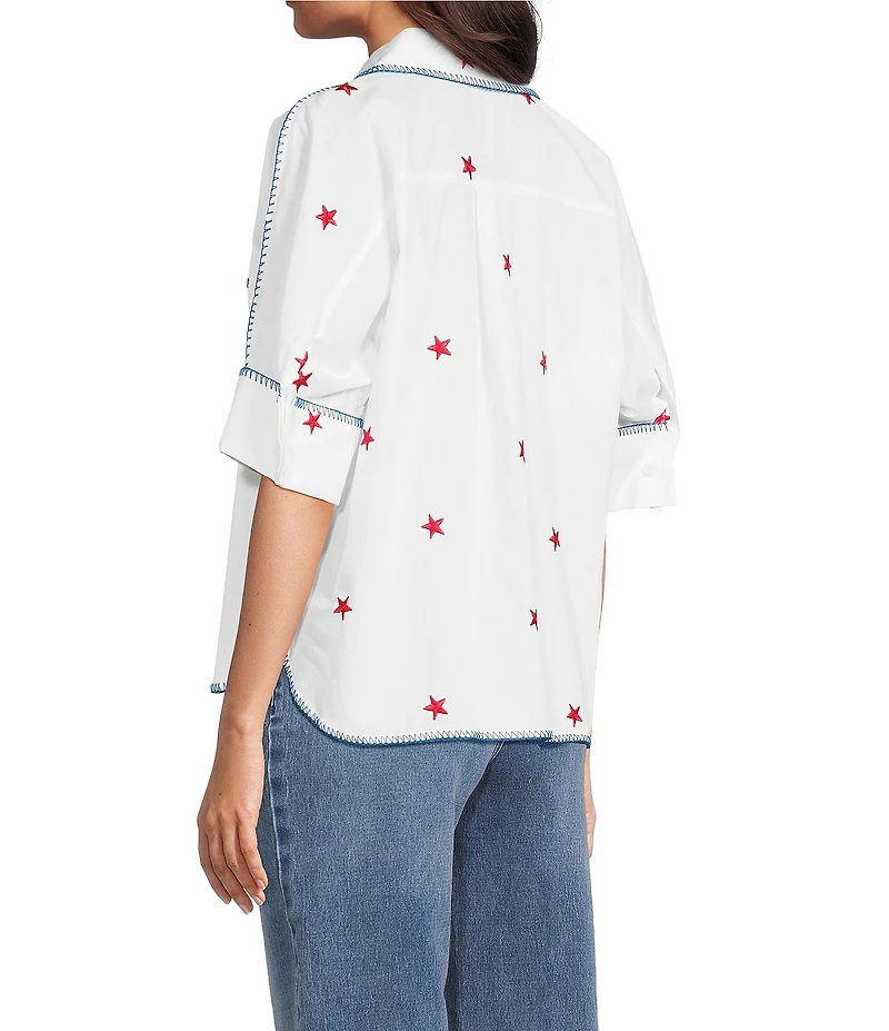 John Mark Woven Star Embroidered Point Collar Short Dolman Sleeve French Cuff Button-Front Shirt