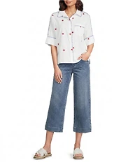 John Mark Woven Star Embroidered Point Collar Short Dolman Sleeve French Cuff Button-Front Shirt