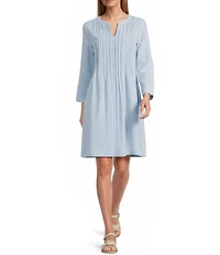 John Mark Woven Stripe Pintuck Split V-Neck 3/4 Roll-Tab Sleeve Shift Dress