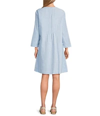 John Mark Woven Stripe Pintuck Split V-Neck 3/4 Roll-Tab Sleeve Shift Dress