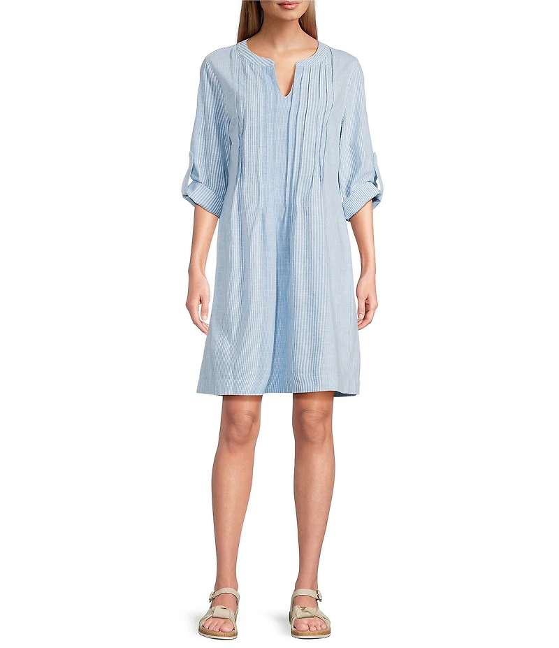 John Mark Woven Stripe Pintuck Split V-Neck 3/4 Roll-Tab Sleeve Shift Dress